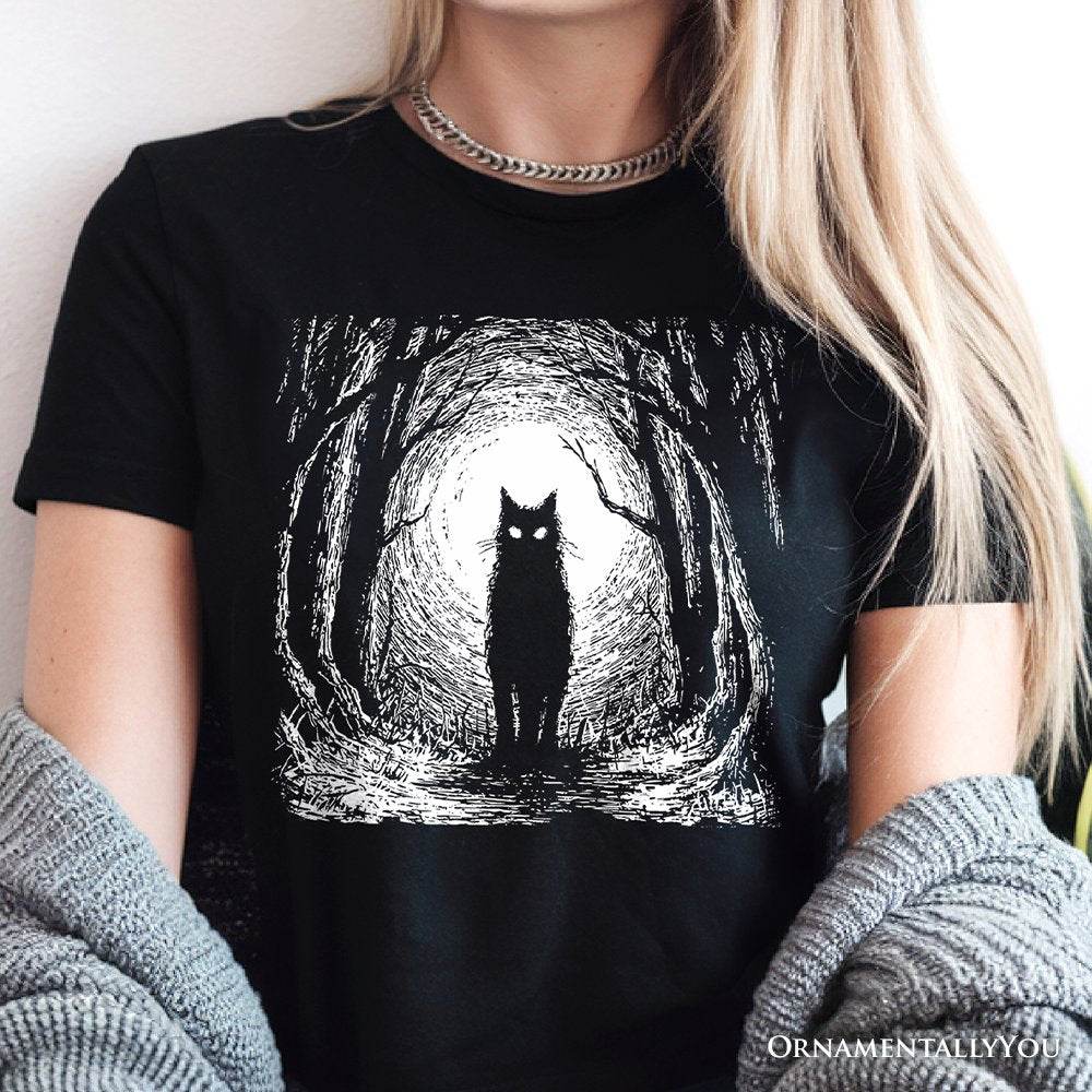 Haunted Forest Black Cat T-Shirt, Spooky Halloween Night Tee - Black / XS