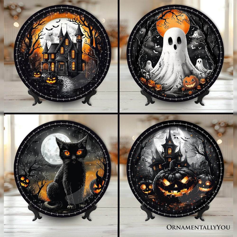 Haunted Night Set of 4 Plates, Black Halloween Tableware Collection for Salad, Dessert, Appetizer, and Side Plates - 