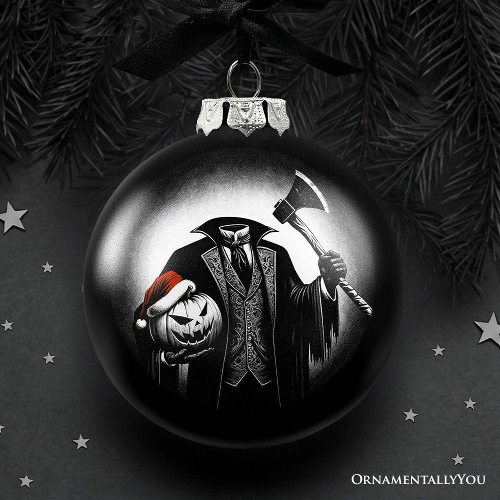 Headless Horseman Spooky Portrait Glass Christmas Ornament, Black Horror Halloween Tree Decoration - 