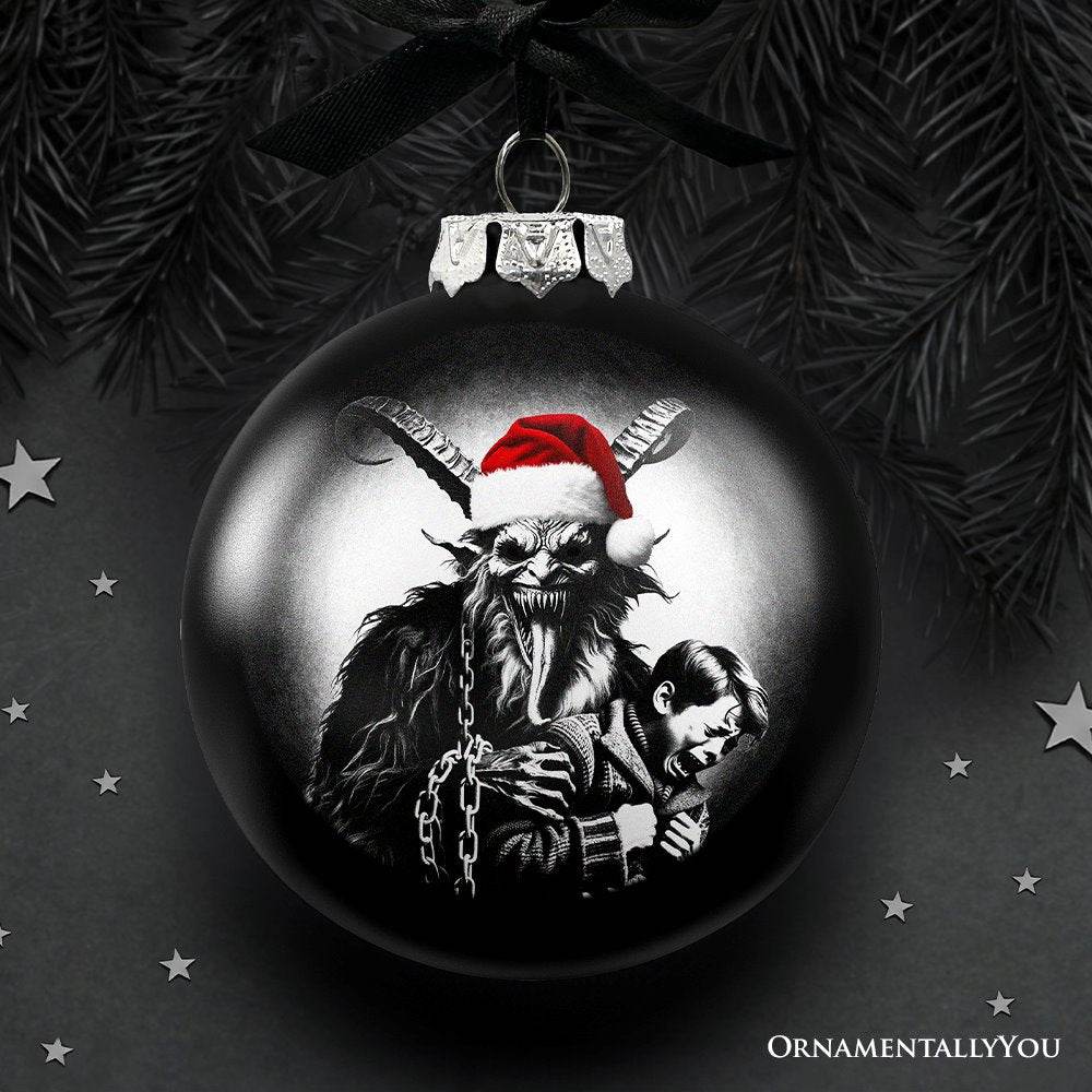 Krampus Christmas Spooky Portrait Glass Ornament, Black Horror Halloween Tree Decoration - 
