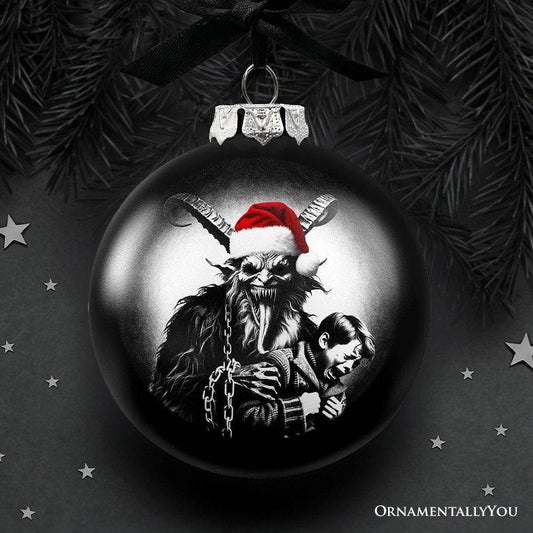 Krampus Christmas Spooky Portrait Glass Ornament, Black Horror Halloween Tree Decoration - 