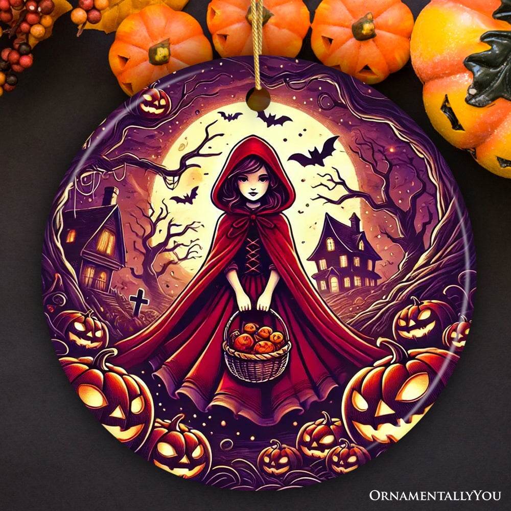 Mysterious Red Riding Hood in the Woods Ornament, Spooky Halloween Tree Decor - Circle / Version 1