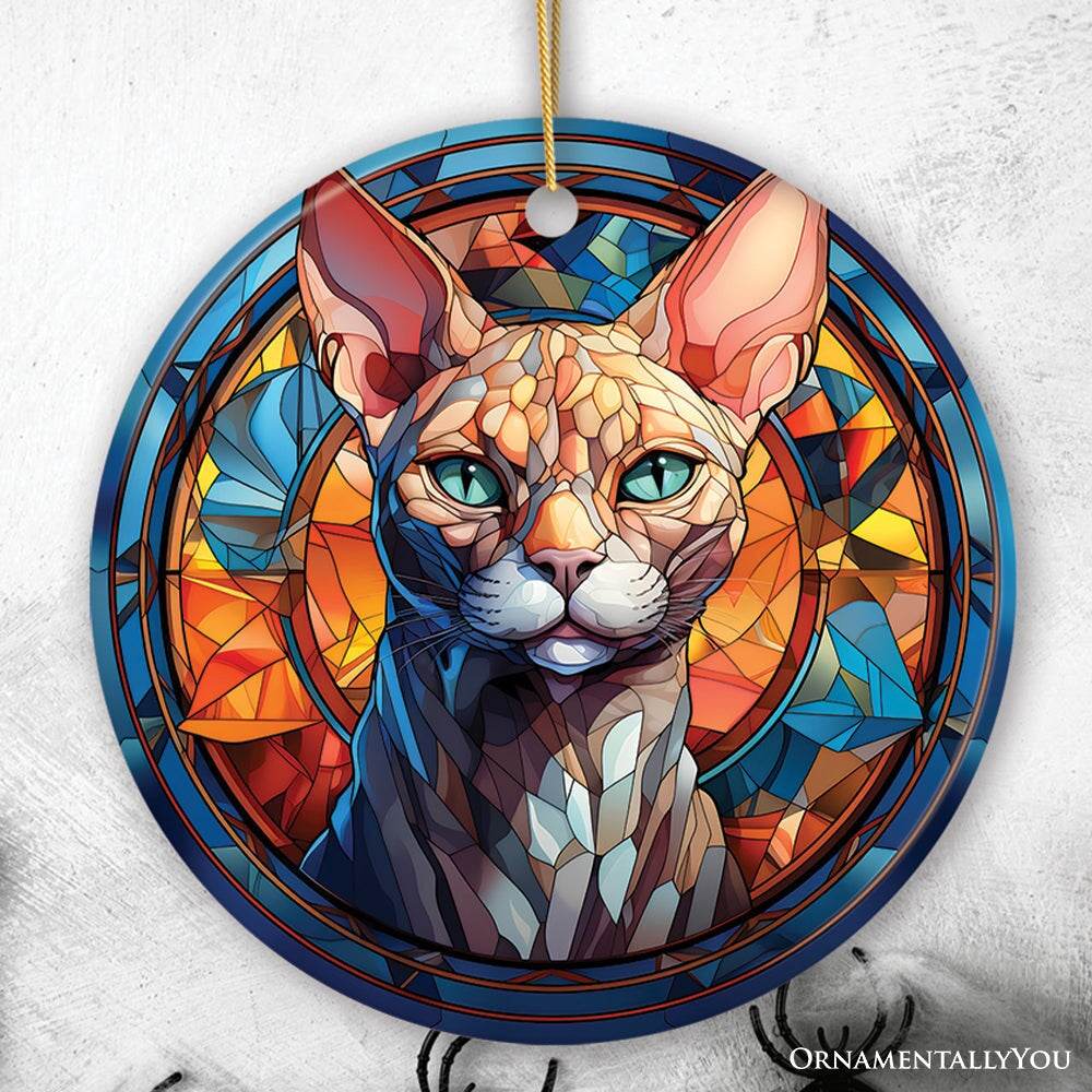 Mystical Feline Bewitching Cat Stained Glass Style Ceramic Ornament, Halloween Themed Christmas Gift and Decor - Circle