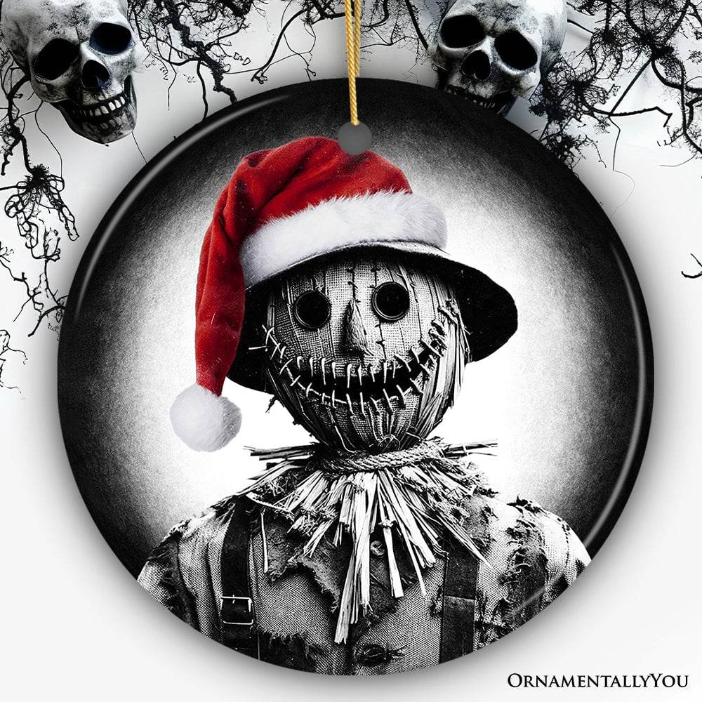 Nightmarish Scarecrow with Santa Hat Ornament, Gift For Unique Halloween Tree Christmas Decor - Circle