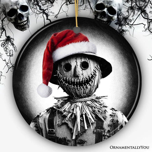 Nightmarish Scarecrow with Santa Hat Ornament, Gift For Unique Halloween Tree Christmas Decor - Circle