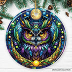 Nocturnal Enchanter Mysterious Owl Stained Glass Style Ceramic Ornament, Halloween Themed Christmas Gift and Decor - Circle