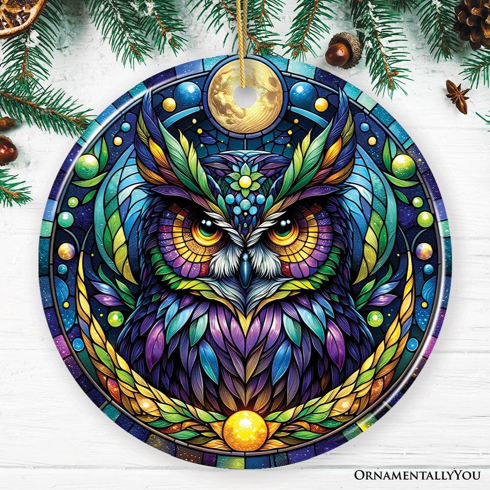 Nocturnal Enchanter Mysterious Owl Stained Glass Style Ceramic Ornament, Halloween Themed Christmas Gift and Decor - Circle