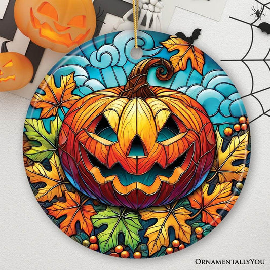 Pumpkin Spice and Crispy Leaves Stained Glass Style Ceramic Ornament, Halloween Themed Christmas Gift and Decor - Circle