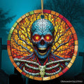 Red-Eyed Skeleton for Halloween Frights Stained Glass Style Ceramic Ornament, Halloween Themed Christmas Gift - Circle