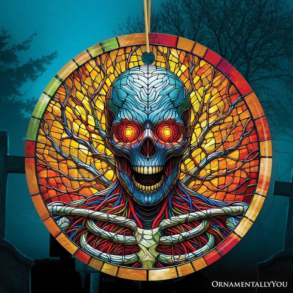 Red-Eyed Skeleton for Halloween Frights Stained Glass Style Ceramic Ornament, Halloween Themed Christmas Gift - Circle