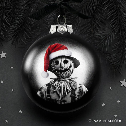 Scarecrow Christmas Spooky Portrait Glass Ornament, Black Horror Halloween Tree Decoration - 