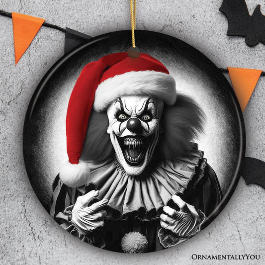 Sinister Santa Clown Ceramic Ornament, Eerie Christmas Decoration for Halloween Tree - Circle