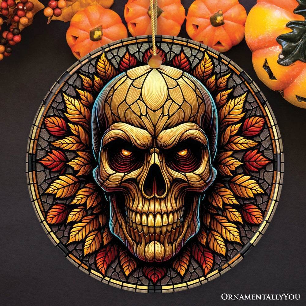Spine-Chilling Haunting Skull Stained Glass Style Ceramic Ornament, Halloween Themed Christmas Gift and Decor - Circle
