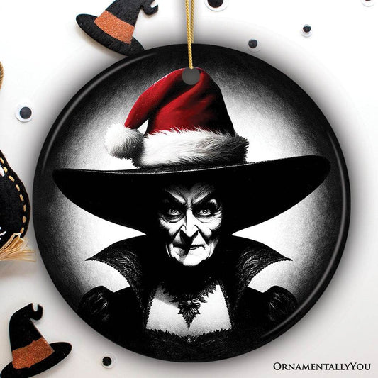 Spooky Witch with Santa Hat Ceramic Ornament, Halloween Themed Christmas Gift and Decor - Circle