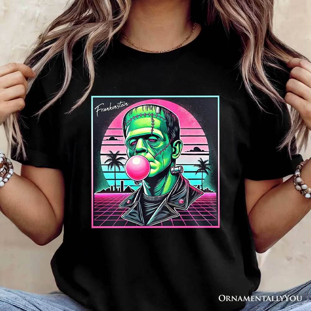 Vaperwave Frankenstein Retro Neon Horror T-Shirt, Synthwave 80's Styled Classic Halloween Tee - Black / XS