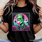 Vaperwave Frankenstein Retro Neon Horror T-Shirt, Synthwave 80's Styled Classic Halloween Tee - Black / XS
