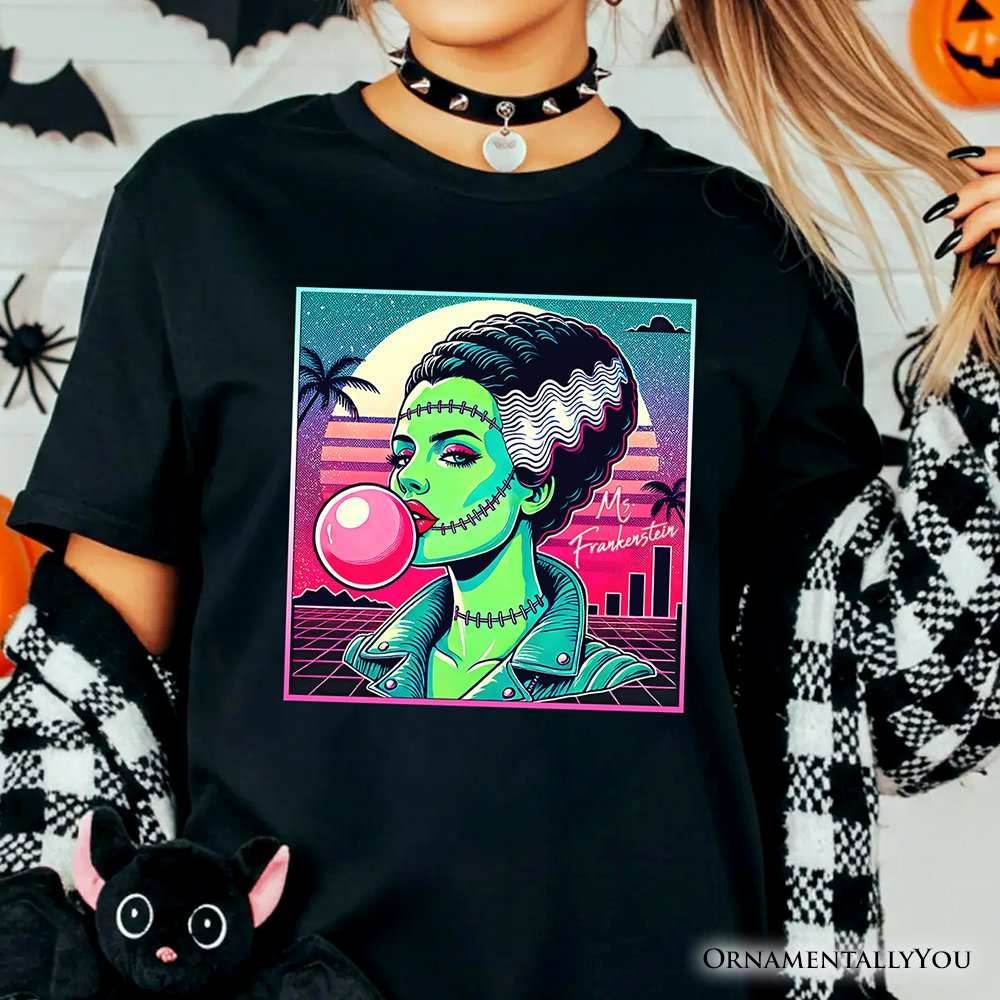 Vaperwave Mrs Frankenstein Retro Neon Horror T-Shirt, Synthwave 80's Styled Classic Halloween Tee - Black / XS