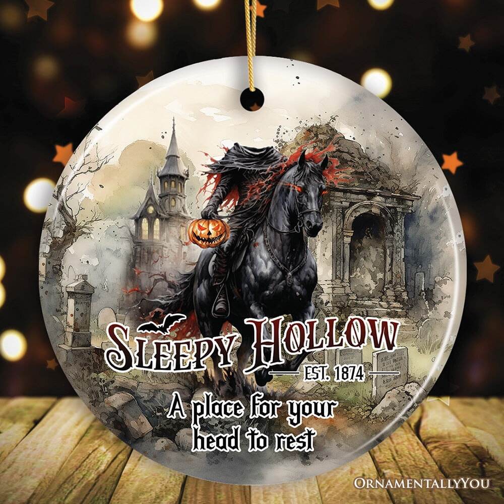 Vintage Sleepy Hollow Dark and Spooky Ornament, Headless Horseman Halloween Souvenir - Circle