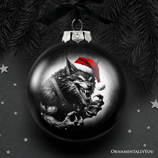Werewolf Christmas Spooky Portrait Glass Ornament, Black Horror Halloween Tree Decoration - 