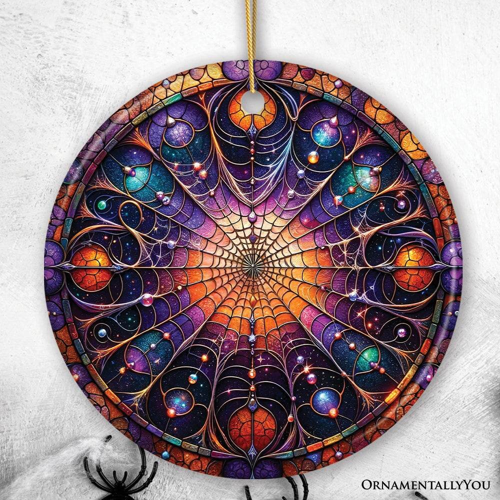 Whispering Shadows Enchanted Cobweb Stained Glass Style Ceramic Ornament, Halloween Themed Christmas Gift and Decor - Circle