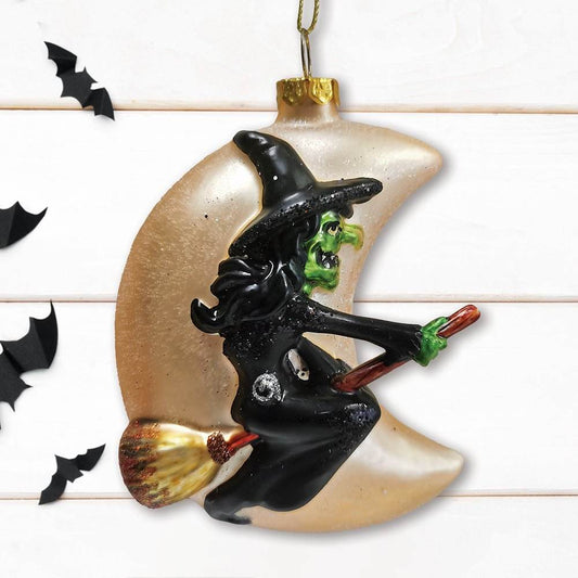 Wicked Witch and Crescent Moon Glass Christmas Ornament, Spooky Halloween Gift - 