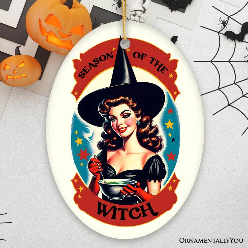 Wickedly Glamorous Season of the Witch Ornament, Retro Style Halloween Tree Decor and Keepsake - Oval