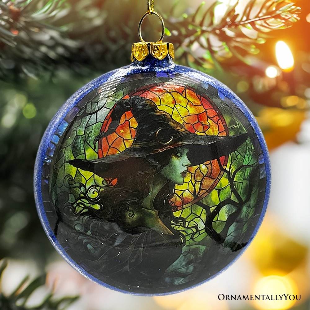 Witch and Black Cat Stained Glass Handblown Ornament, Spooky Halloween and Christmas Tree Decor - 