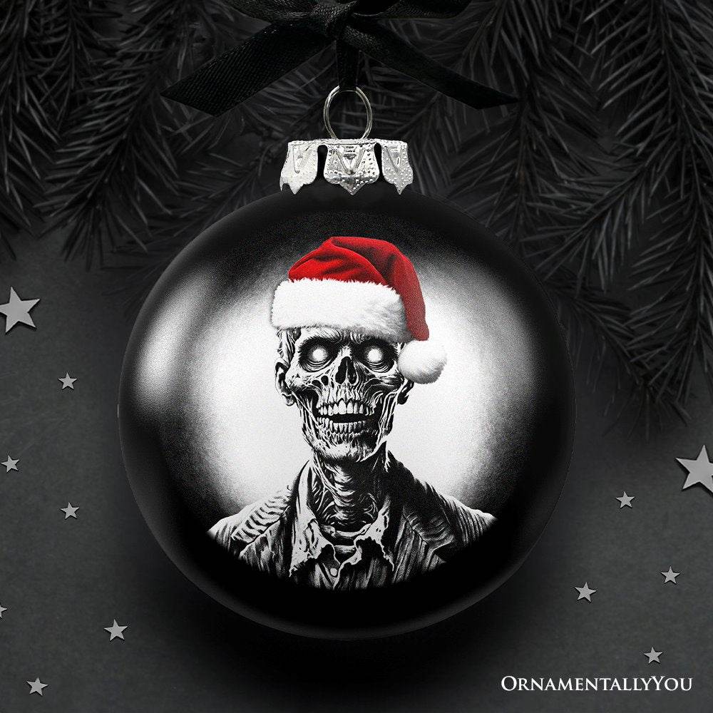 Zombie Christmas Spooky Portrait Glass Ornament, Black Horror Halloween Tree Decoration - 