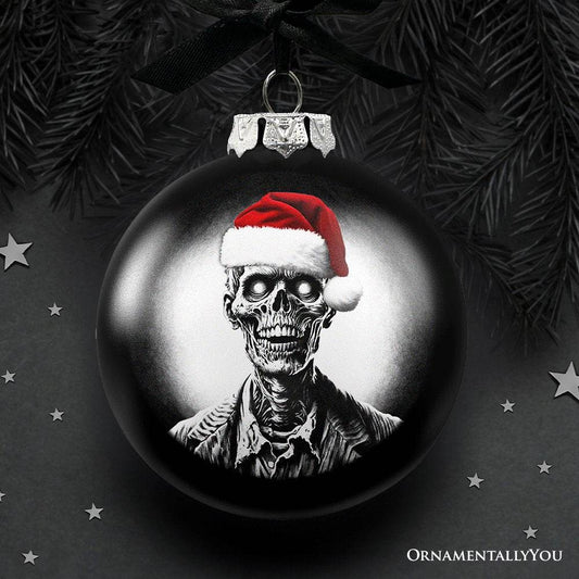 Zombie Christmas Spooky Portrait Glass Ornament, Black Horror Halloween Tree Decoration - 