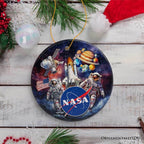 Artistic NASA Handcrafted Christmas Ornament, Astronaut in Outer Space with the Planets - Circle / Version 1