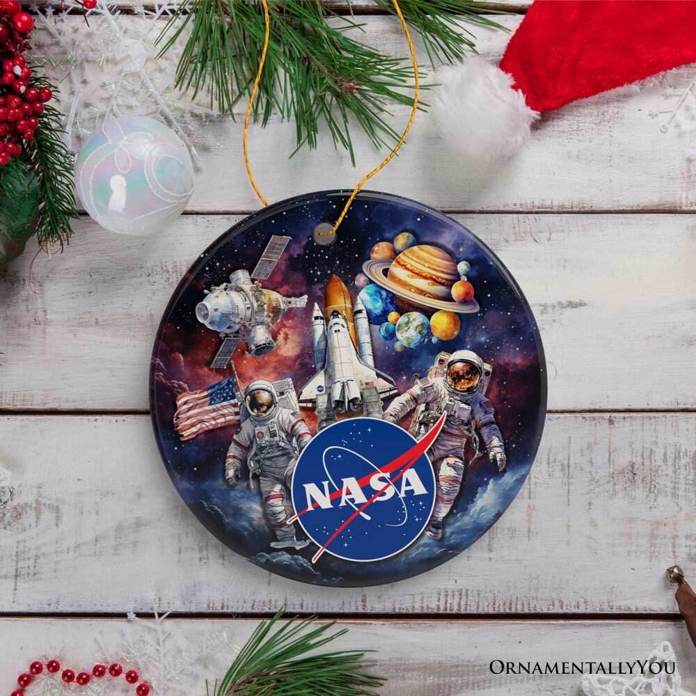 Artistic NASA Handcrafted Christmas Ornament, Astronaut in Outer Space with the Planets - Circle / Version 1