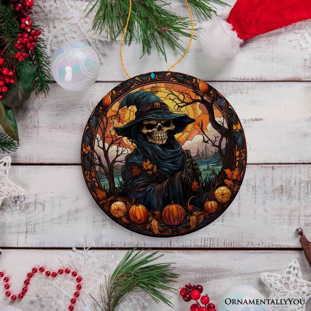 Bewitching Skeletal Sorcery Stained Glass Style Ceramic Ornament, Halloween Themed Christmas Gift and Decor - Circle