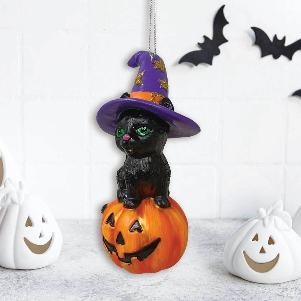 Black Cat on Pumpkin Spooky Glass Christmas Ornament, Witch Hat Halloween Theme - 
