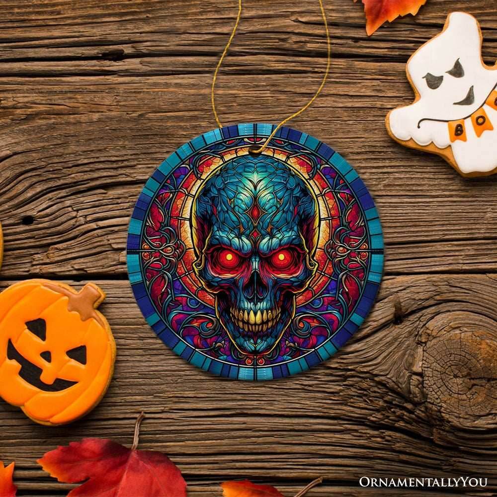 Bone-Chilling Spooky Skull Stained Glass Style Ceramic Ornament, Halloween Themed Christmas Gift and Decor - Circle
