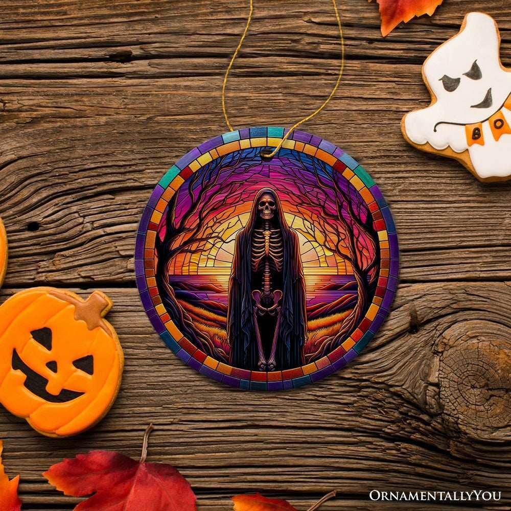 Bony Fright Halloween Skeleton Decor Stained Glass Style Ceramic Ornament, Halloween Themed Christmas Gift and Decor - Circle