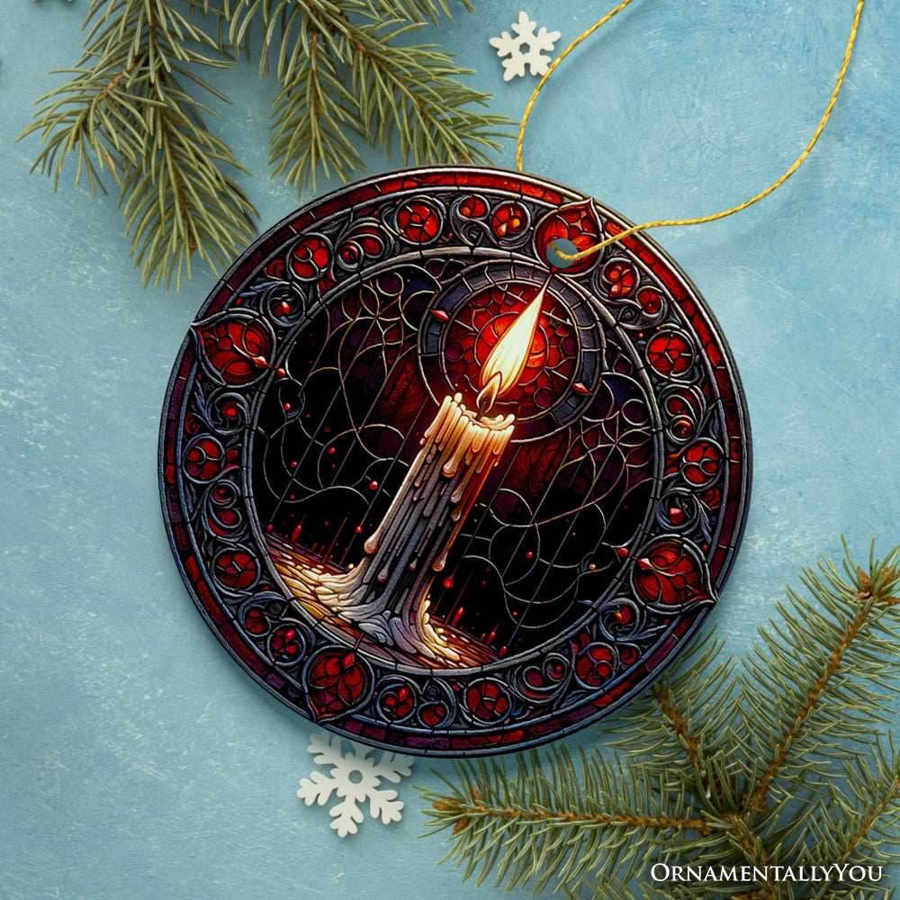 Candlelight for a Spine-Chilling Ambiance Stained Glass Style Ceramic Ornament, Halloween Themed Christmas Gift and Decor - Circle