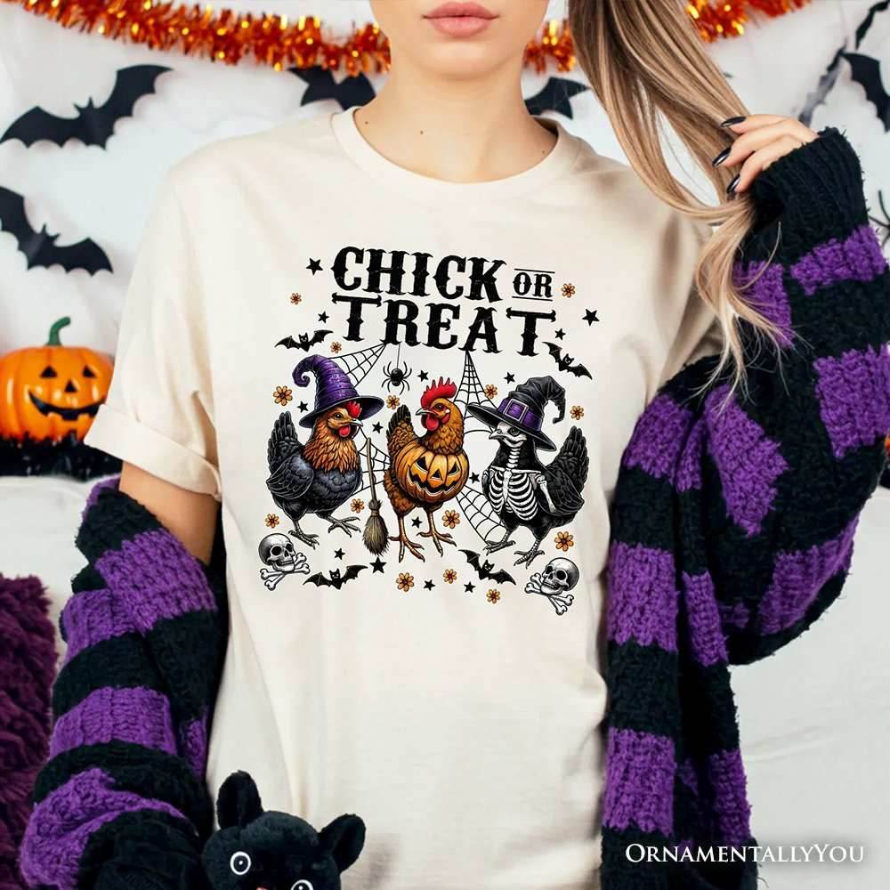 Chick or Treat Chicken T-Shirt, Funny Farmhouse Halloween Tee - White / XS