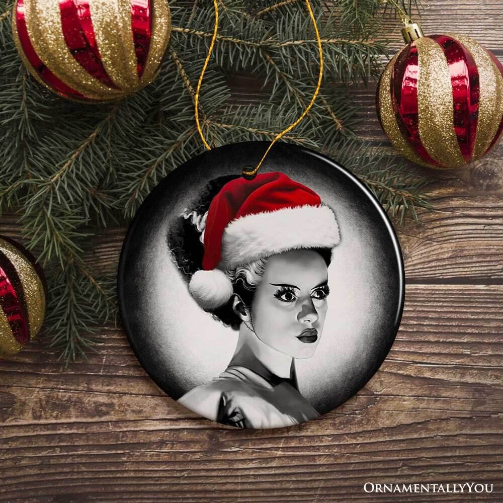 Chilling Bride of Frankenstein Santa Ornament, Gothic Themed Halloween Christmas Gift and Decor - Circle