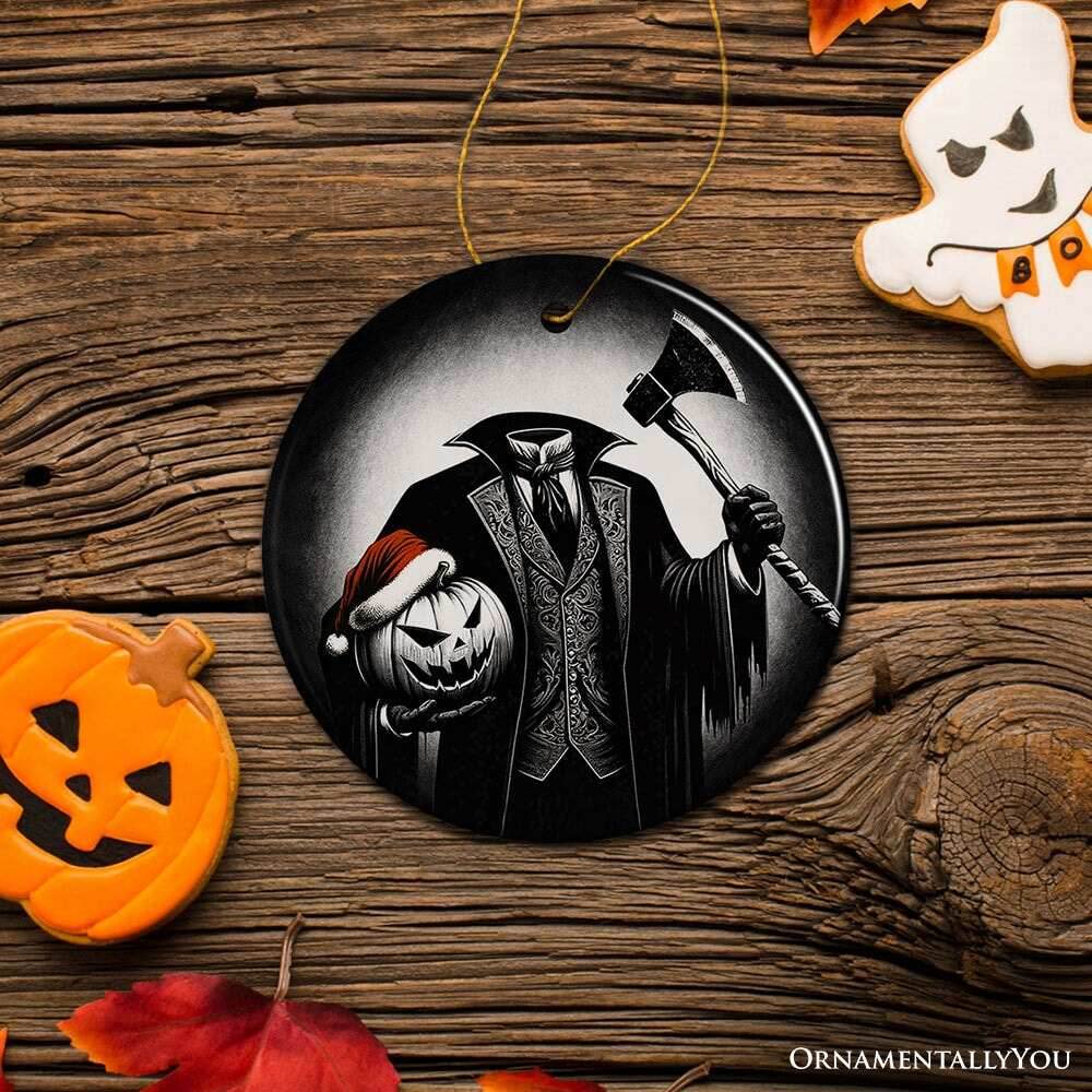 Creepy Headless Horseman And Pumpkin With Santa Hat Ornament, Horror Themed Christmas Decor for Halloween Tree - Circle