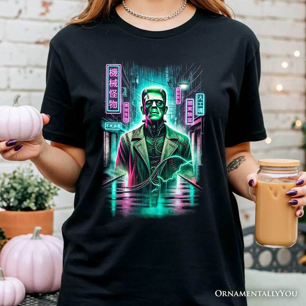 Cyberpunk Frankenstein T‑Shirt, Neon Halloween Monster Tee - Black / XS