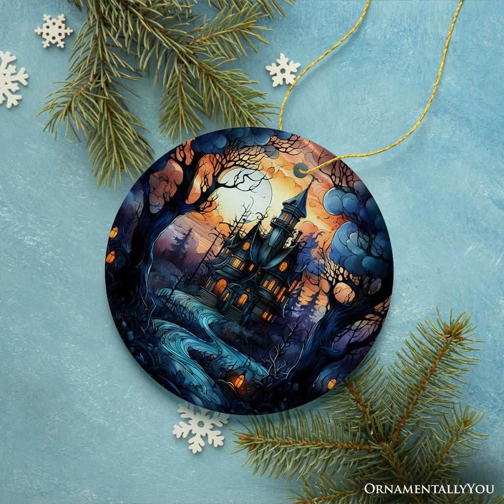 Dark and Gloomy Haunted House Stained Glass Style Ceramic Ornament, Halloween Themed Christmas Gift and Decor - Circle