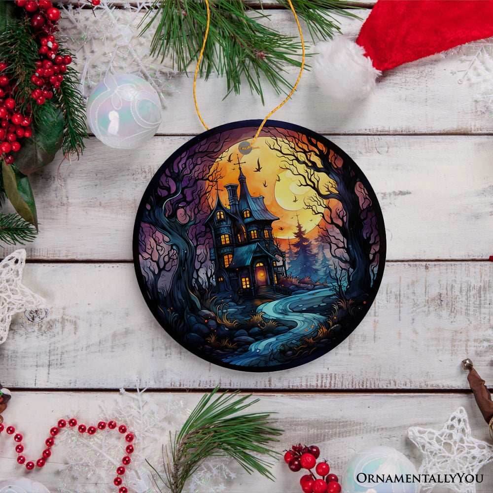 Eerie Abode Amidst Spooky Trees Stained Glass Style Ceramic Ornament, Halloween Themed Christmas Gift and Decor - Circle