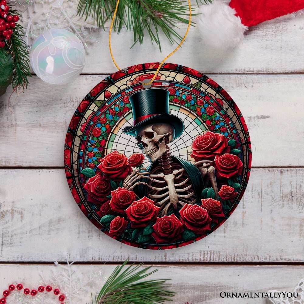Elegant Bones Top-Hat Skeleton with Roses Stained Glass Style Ceramic Ornament, Halloween Themed Christmas Gift and Decor - Circle