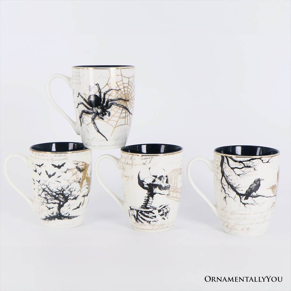 Elegant Goth Set of 4 Ceramic Mugs with Real Gold Trim, Black and White Spooky Halloween Coffee Cup Kitchen Gift - 