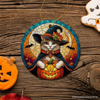 Enchanted Cat Witch Stained Glass Style Ceramic Ornament, Halloween Themed Christmas Gift and Decor - Circle / White Cat Version