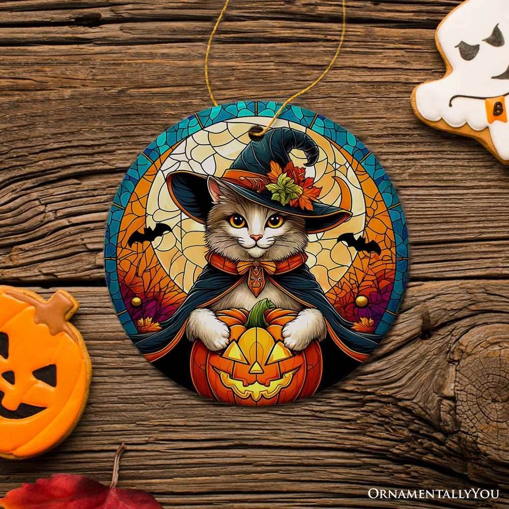Enchanted Cat Witch Stained Glass Style Ceramic Ornament, Halloween Themed Christmas Gift and Decor - Circle / White Cat Version