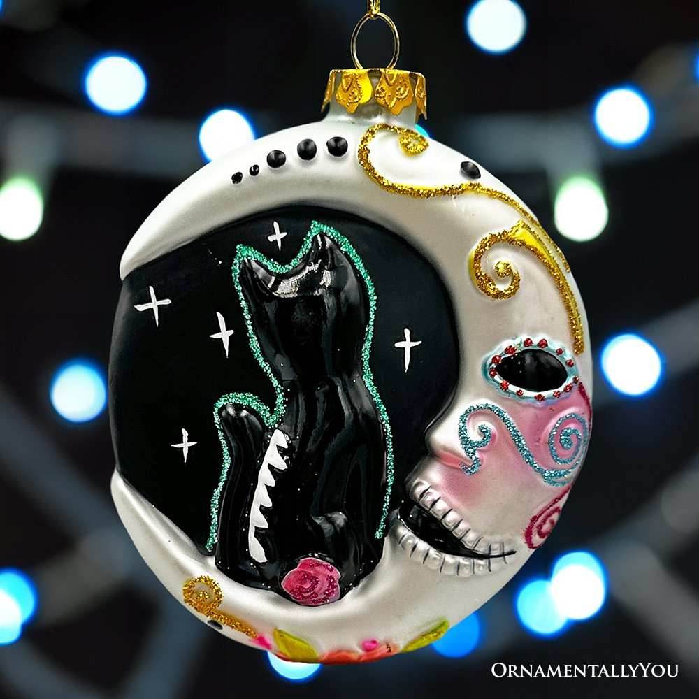 Folkloric Siamese Cat Sugar Skull Glass Ornament, Celestial Crescent Moon Halloween Decor - 