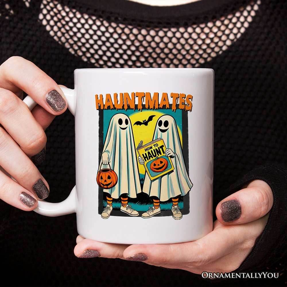 Funny Retro Ghosts Hauntmates Personalized Mug, Vintage Best Friend Halloween Gift with Custom Names - 12oz Mug / Customized
