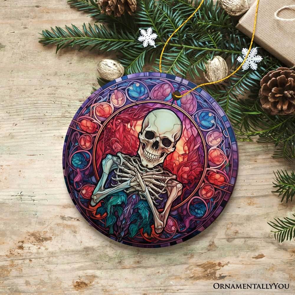 Ghastly Grins Haunted Halloween Skeleton Stained Glass Style Ceramic Ornament, Halloween Themed Christmas Gift - Circle