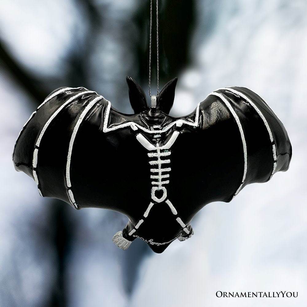 Gothic Bat Skeleton Handcrafted Glass Ornament, Horror Tree Halloween Decor - 